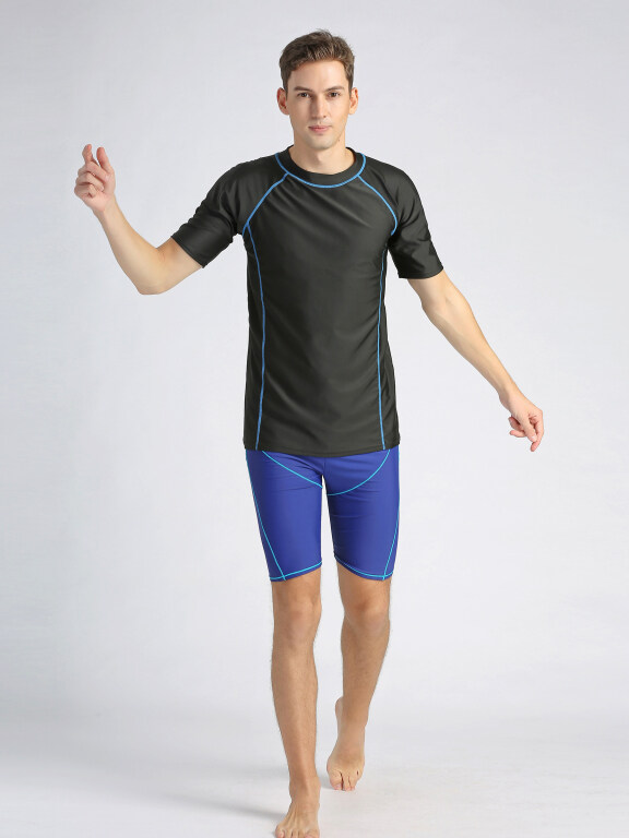 Men's Round Neck Short Sleeve Contrast Color 2 Piece Swimsuit Set, Clothing Wholesale Market -LIUHUA, Activewear
