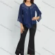 Wholesale Women's Elegant Plus Size Chiffon Round Neck 3/4 Sleeve Rhinestone Blouse With Slit Hem Flared Pant 2 Piece Set Navy Clothing Wholesale Market Liuhua