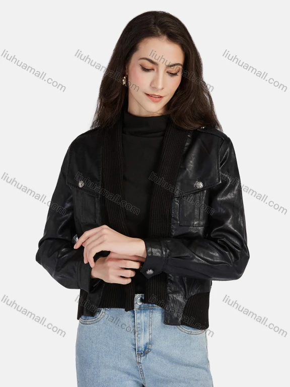 Wholesale Women's Casual Plain Open Front Long Sleeve Stitching Knit Leather Jacket A130#