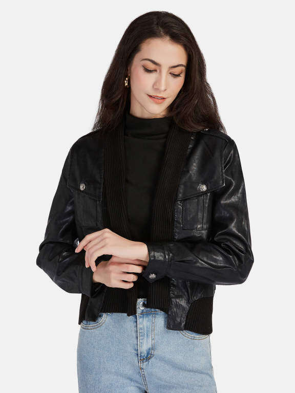 Women's Casual Plain Open Front Long Sleeve Stitching Knit Leather Jacket A130#, LIUHUA Clothing Online Wholesale Market, Women, Women-s-Outerwear, Cape-Poncho