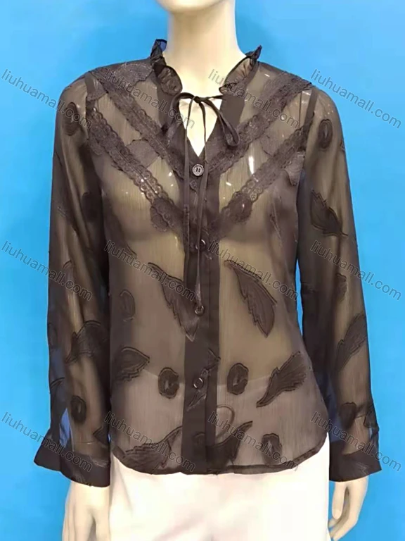 Wholesale Women's Elegant Tie Neck Long Sleeve Embroidery Button Down Cover Up Blouses