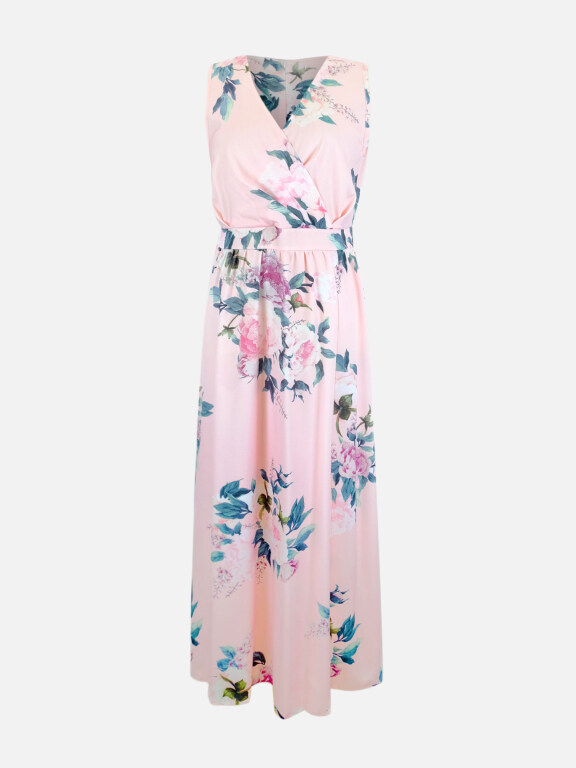 Women's Elegant Sleeveless Wrap V Neck Waistband Floral Print Wrap Midi Dress LS3005#, Clothing Wholesale Market -LIUHUA, Women, Dress, Ballgown