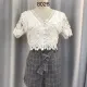 Women's Lace Appliques Button Front Blouse & Grid Print Shorts Set White & Gray Clothing Wholesale Market -LIUHUA
