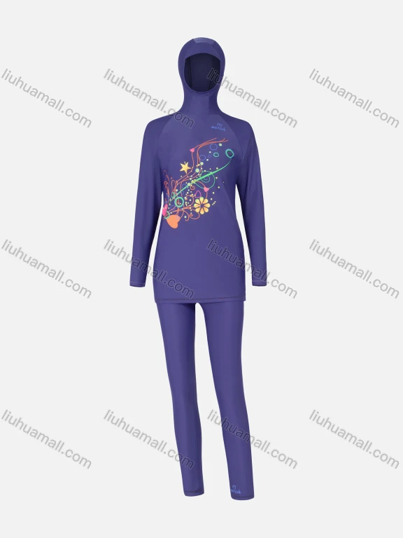 Wholesale Women's Athletic Muslim Floral Graphic Print Full Coverage Burkini Swimsuit 2 Piece Set