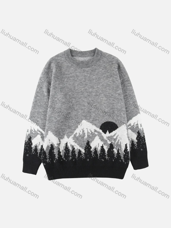 Wholesale Men's Landscape Pattern Round Neck Long Sleeve Thermal Sweater