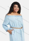 Wholesale Women's Denim Off Shoulder Frayed Raw Hem Button Down Knee Length Dress With Belt - Liuhuamall