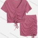 Wholesale Women's Casual Plain V Neck Short Sleeve Ruched Drawstring Top & Skirt Sets 2567# Pink Clothing Wholesale Market Liuhua