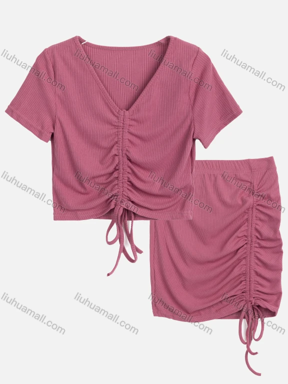 Wholesale Women's Casual Plain V Neck Short Sleeve Ruched Drawstring Top & Skirt Sets 2567#