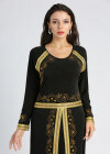 Wholesale Women's Elegant Rhinestone Embroidery Splicing Long Sleeve Abaya Round Neck Maxi Dress - Liuhuamall