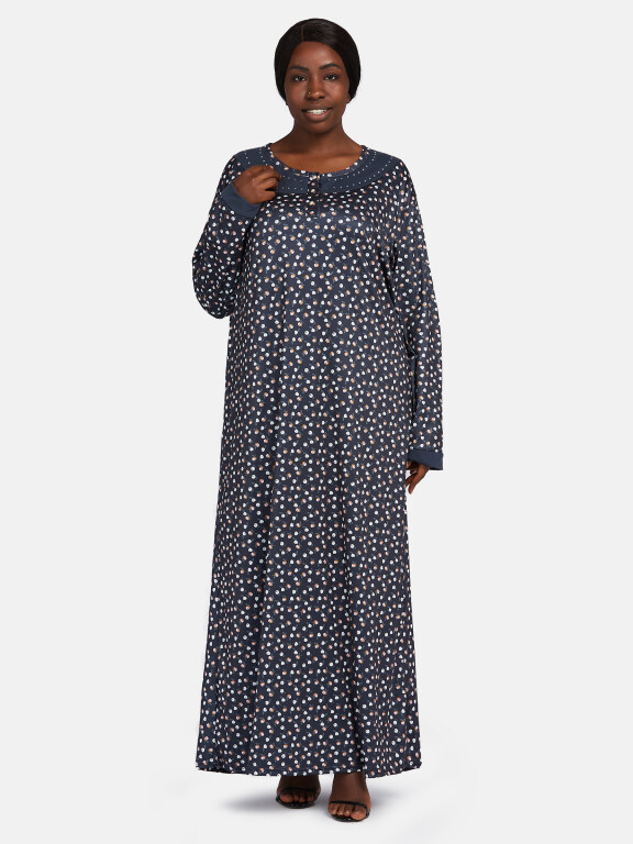 Women's Vintage Long Sleeve Crew Neck Button Front Allover Print Splicing Maxi Nightgown, Clothing Wholesale Market -LIUHUA, WOMEN, Sleepwear