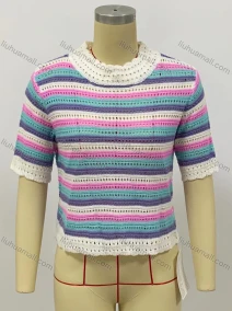 Wholesale Women's Casual Mock Neck Half Sleeve Striped Hollow Out Knitted Sweater, LIUHUA CLOTHING WHOLESALE