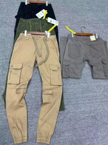 Wholesale Men's Casual Plain Multiple Pockets Drawstring Elastic Waist Cargo Pants 004#, LIUHUA CLOTHING WHOLESALE