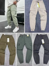 Wholesale Men's Casual Plain Flap Pockets Drawstring Elastic Waist Cargo Pants 6957#, LIUHUA CLOTHING WHOLESALE