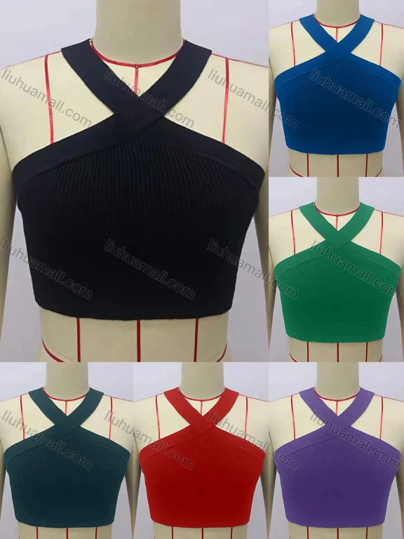 Wholesale Women's Sexy Halter Plain Rib-knit Crop Top