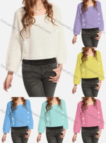 Wholesale Women's Causal Plain Button Decor Long Sleeve Crop Pullover Sweater, LIUHUA CLOTHING WHOLESALE
