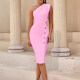 Women's Elegant Plain Asymmetrical Neck Button Decor Bodycon Knee length Dress T267# Clothing Wholesale Market -LIUHUA