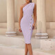 Women's Elegant Plain Asymmetrical Neck Button Decor Bodycon Knee length Dress T3768# Clothing Wholesale Market -LIUHUA