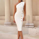 Women's Elegant Plain Asymmetrical Neck Button Decor Bodycon Knee length Dress White Clothing Wholesale Market -LIUHUA