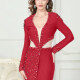 Women's Deep V Neck Rhinestone Asymmetrical Hem Long Sleeve Mini Dress X34058# Clothing Wholesale Market -LIUHUA