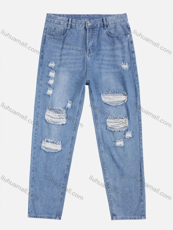 Wholesale Women's Street Style Distressed Ripped Pocket Denim Button Closure Slim Fit Jeans