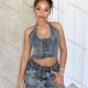 Wholesale Women's Street Sexy Halter Backless Lace Up Wash Denim Crop Top & Mini Pocket Skirt Set Gray Clothing Wholesale Market Liuhua