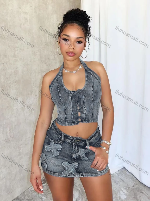 Wholesale Women's Street Sexy Halter Backless Lace Up Wash Denim Crop Top & Mini Pocket Skirt Set