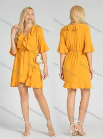 Wholesale Women's V-Neck Ruffle Trim Trumpet Sleeve Casual Wrap Hem Short Dress, LIUHUA CLOTHING WHOLESALE