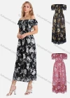 Wholesale Women's Casual Floral Print Off Shoulder Shirred Puff Sleeve Ruffle Hem Maxi Dress FL8071# - Liuhuamall