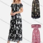 Wholesale Women's Casual Floral Print Off Shoulder Shirred Puff Sleeve Ruffle Hem Maxi Dress FL8071# preview