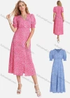 Wholesale Women's Casual Allover Print Ruched Ruffle Trim Button Decor V Neck Split Hem Midi Dress FL8070# - Liuhuamall