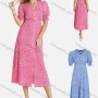 Wholesale Women's Casual Allover Print Ruched Ruffle Trim Button Decor V Neck Split Hem Midi Dress FL8070# preview