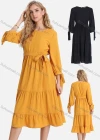 Wholesale Women's Casual 3/4 Sleeve Lace Up Ruched Ruffle Hem Midi Dress With Belt FL8062# - Liuhuamall