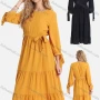 Wholesale Women's Casual 3/4 Sleeve Lace Up Ruched Ruffle Hem Midi Dress With Belt FL8062# preview