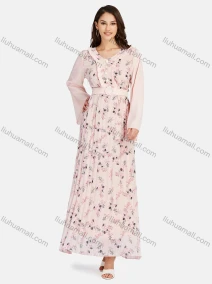 Wholesale Women's Casual V Neck Ruffle Trim Button Front Peplum Floral Belted Maxi Dress K028#, LIUHUA CLOTHING WHOLESALE