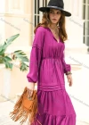 Wholesale Women's Casual Plain Ruched Long Sleeve Ruffle Hem Maxi Dress - Liuhuamall