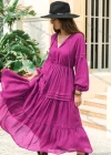 Wholesale Women's Casual Plain Ruched Long Sleeve Ruffle Hem Maxi Dress - Liuhuamall