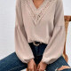 Women's Casual Plain V Neck Collared Hollow Out Ruched Long Sleeve Blouse Almond White Clothing Wholesale Market -LIUHUA
