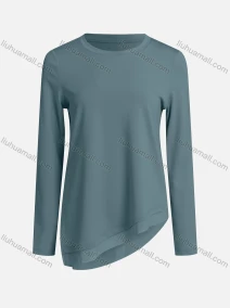 Wholesale Women's Casual Asymmetrical Hem Plain Crew Neck Long Sleeve Fake 2-piece Blouse, LIUHUA CLOTHING WHOLESALE