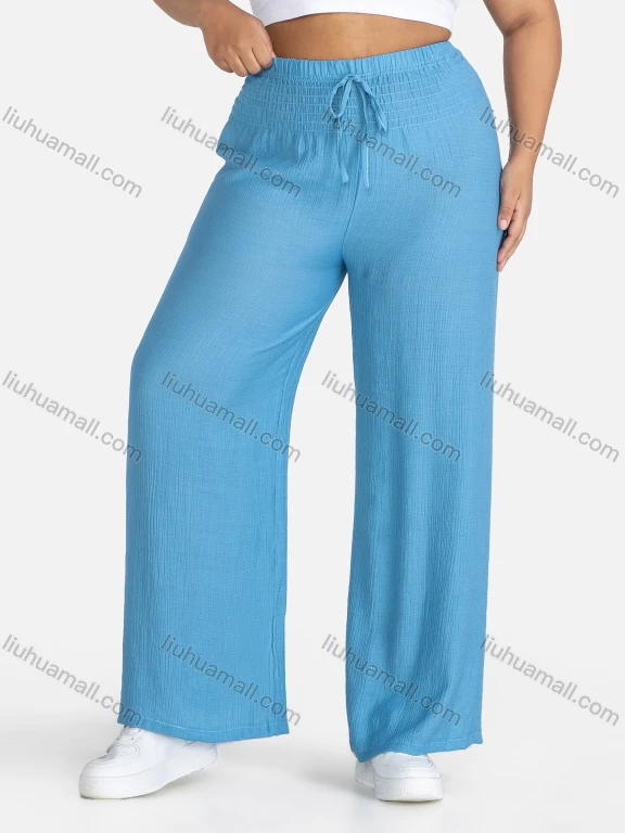 Wholesale Women's Casual Plain Drawstring High Waist Loose Fit Shirred Pants