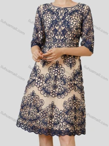 Wholesale Women's Elegant High Waist Bateau Neck Lace Half Sleeve Allover Embroidery Knee Length Dress, LIUHUA CLOTHING WHOLESALE