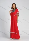 Wholesale Women's Notch Neck Batwing Sleeve Fringe Trim Embroidered Maxi Kaftan - Liuhuamall