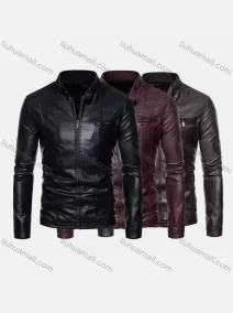 Wholesale Men's Fashion Moto Stand Collar Zipper Pockets Zipper Leather Jacket, LIUHUA CLOTHING WHOLESALE