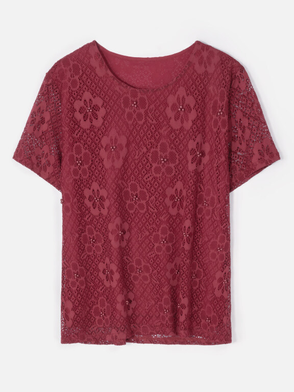 Women's Casual Guipure Lace Pearl Decor Crochet Round Neck Short Sleeve Plain T-Shirt 02#, Clothing Wholesale Market -LIUHUA, 