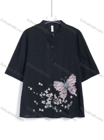 Wholesale Women's Casual Floral Butterfly Embroidered Jacquard Short Sleeve Button-Up Blouse, LIUHUA CLOTHING WHOLESALE