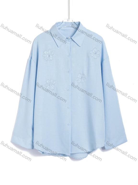 Wholesale Women's Casual Floral Embroidered Textured Long Sleeve Button-Up Shirt