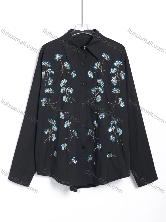 Wholesale Women's Casual Sequin Floral Embellished Long Sleeve Button-Up Shirt