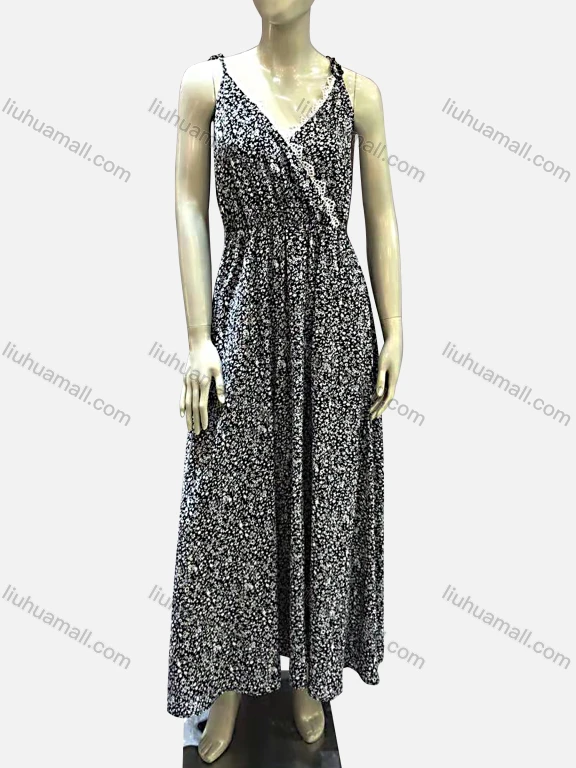 Wholesale Women's Casual Chiffon V Neck Puff Sleeve Lace Trim Ditsy Floral Peplum Maxi Dress	