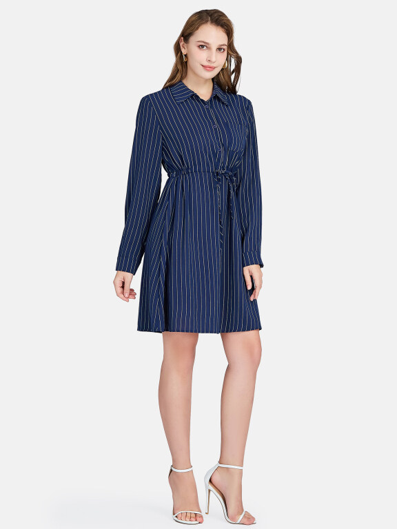 Women's Casual Long Sleeve Striped Drawstring Shirt Dress, Clothing Wholesale Market -LIUHUA, Dress%20Shirts