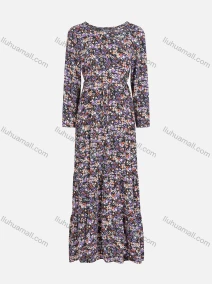 Wholesale Women's Round-Neck Long Sleeve Allover Floral Print Ruffle Hem Maxi Dress With Belt FS819#, LIUHUA CLOTHING WHOLESALE