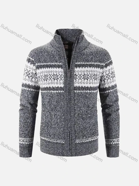 Wholesale Men's Casual Long Sleeve Full Zip Allover Print Chunky Knit Jackets